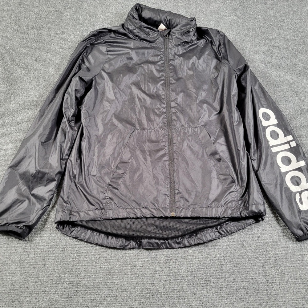 Adidas Jacket Womens Small‎ Black Hooded Windbreaker Full Zip Spell Out Logo